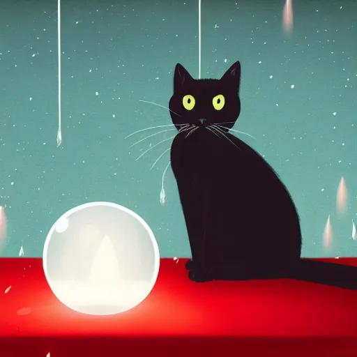 Prompt: black cat with one good eye sits atop a crystal ball on a table with red table cloth in dark room with lightning in windows, rain, digital illustration, studio ghibli