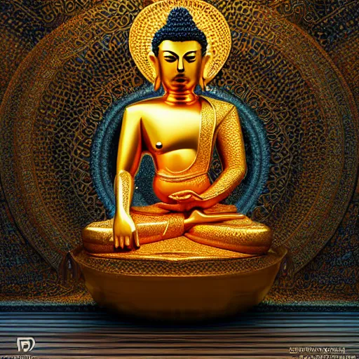 Image similar to highly detailed full body picture of golden Buddha statue, concept art, digital art, studio lightning, bright colors, intricate, masterpiece, photorealistic, hiperrealistic, sharp focus, high contrast, intricate, Artstation HQ, DeviantArt trending, 4k UHD, Unreal Engine 5, Octane render