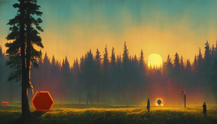 Image similar to hexagon in front of the sun, at sunset, forest in the foreground, simon stalenhag