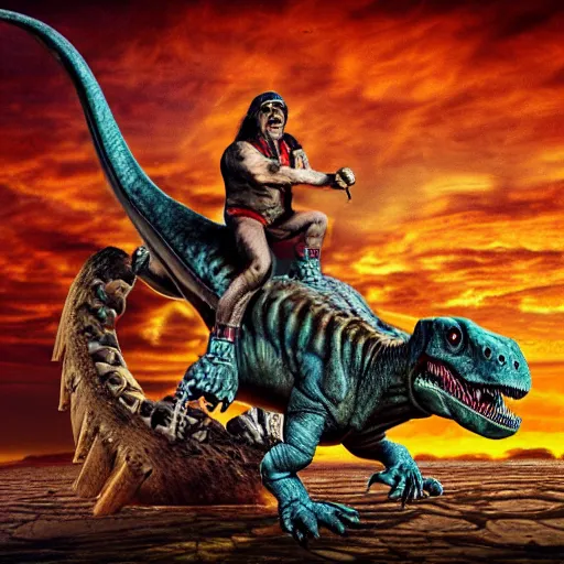 Prompt: danny trejo riding the dinosaur, realistic image, high definition, trending, sharp lines, detailed background