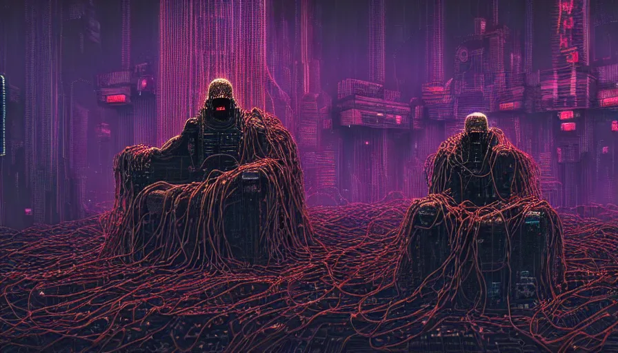 Prompt: highly detailed dark rotting god sitting on a throne of bodies, wires night, death, fear, horror, cyberpunk, cyberpunk futuristic neon, religion, in style of minecraft, by barlowe, by wayne, hyperrealism, detailed and intricate environment