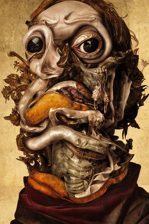 Image similar to Detailed maximalist portrait with large lips and with large wide eyes, surprised expression, surreal extra flesh and bones, HD mixed media, 3D collage, highly detailed and intricate, illustration in the style of Caravaggio, dark art, baroque