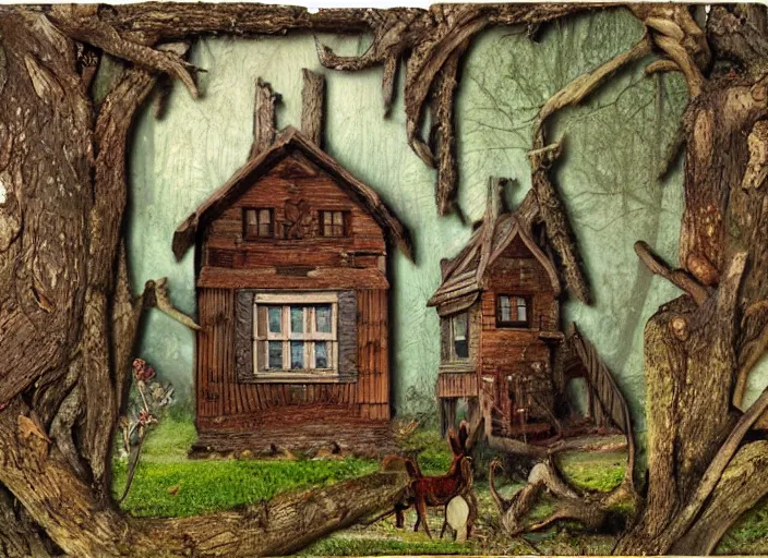 Prompt: simple folk art, house in the wood, mystical, lowbrow, matte painting, 3 - d highly detailed, in the style of ammi phillips,