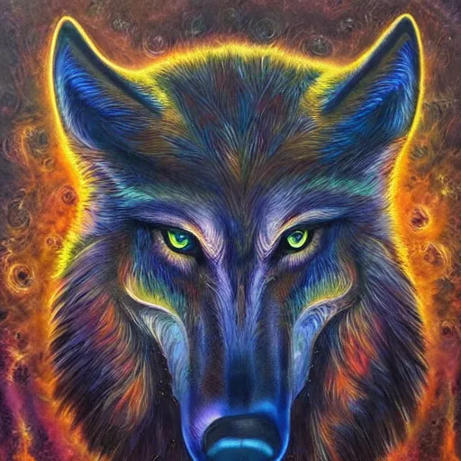 Prompt: spirit wolf by GEOGLYPHIKS by FABIÁN JIMÉNEZ by MICHAEL DIVINE by AMANDA SAGE in the style of oil painting visionary art, intricate oil painting artwork. , trending on artstation, very coherent symmetrical artwork, oil painting