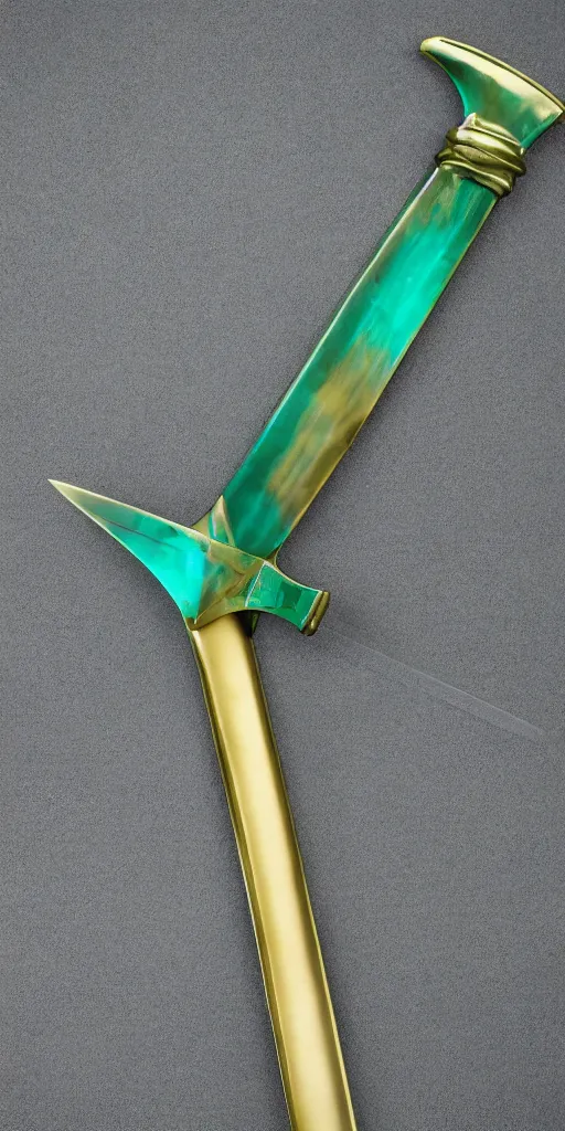 Image similar to photograph of a wide green and teal crystal sword blade attached to a big gold sword hilt