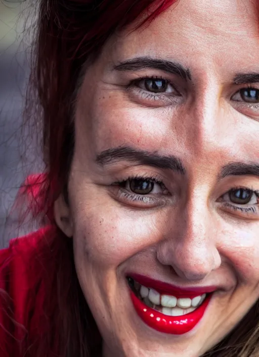 Prompt: color portrait of a beautiful 35-year-old smiling Italian woman, wearing a red outfit, candid street portrait in the style of Mario Testino close up, detailed, award winning, Sony a7R