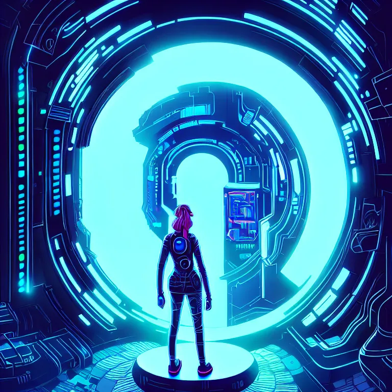 Image similar to a person standing in front of a portal, cyberpunk, epic surrealism, detailed digital matte painting in the style of josan gonzalez, artstation, psychedelic