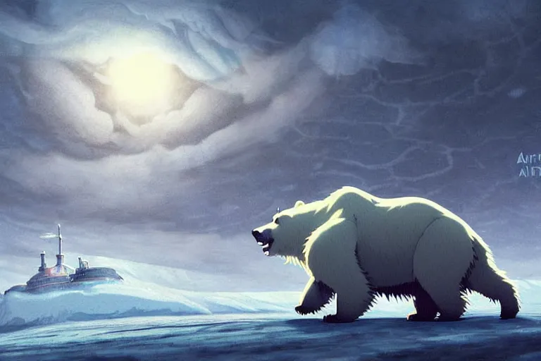 Prompt: cell shaded cartoon of a giant lovecraftian mechanized polar bear from howl's moving castle ( 2 0 0 4 ), on an icy road in the mist, full body, wide shot, very muted colors, post grunge, studio ghibli, highly detailed, deviantart, art by artgem