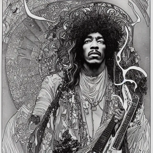 Prompt: artwork by Franklin Booth and Alphonse Mucha and Moebius showing a portrait of Jimi Hendrix as a futuristic space shaman, futuristic electric guitar