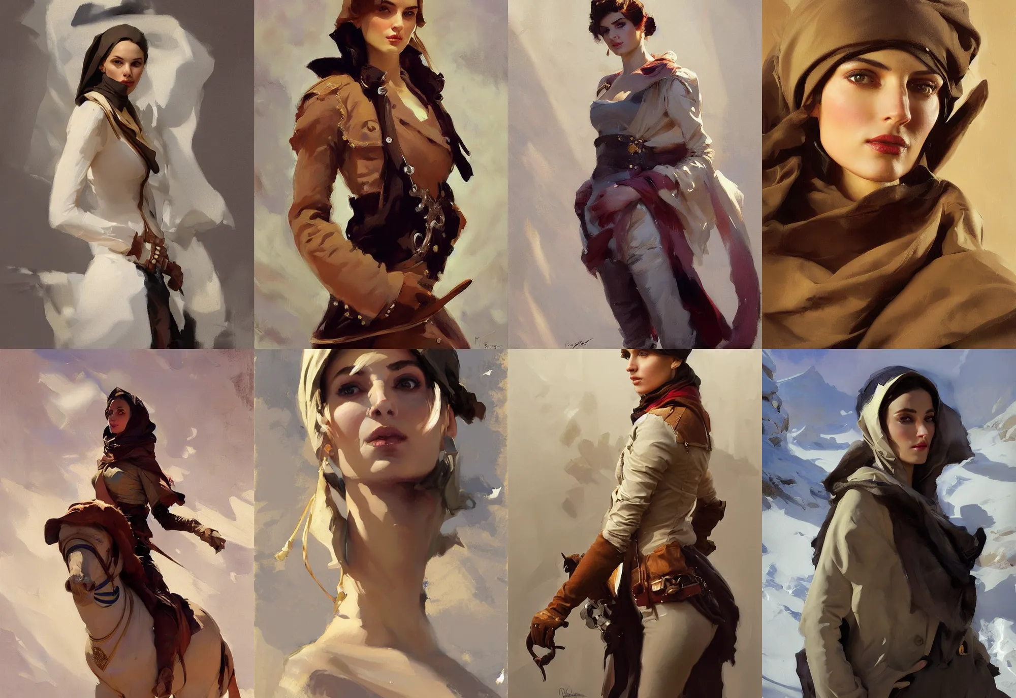 Image similar to portrait of russian iranian model girl jodhpurs hyperborea winter traveler treasure hunter decollete greg manchess painting by sargent and leyendecker, fantasy, medium shot, asymmetrical, intricate, elegant, matte painting, illustration, hearthstone, by rhads, by greg rutkowski, by greg tocchini, by james gilleard, by joe fenton