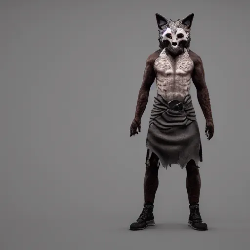 Image similar to highly detailed render of a man wearing a skull fox mask, vray render, unreal engine, highly detailed faces, thin body,