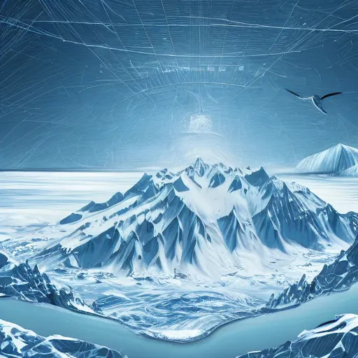 Image similar to epic masterpiece of dream sequence of the prophet of Antarctica, cinematic, establishing shot, extremely high detail, photorealistic, cinematic lighting, intricate line drawings, 8k resolution