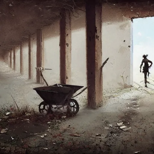 Image similar to painting by jakub rozalski of a person walking with a wheelbarrow in an abandoned post soviet town infested with root monsters