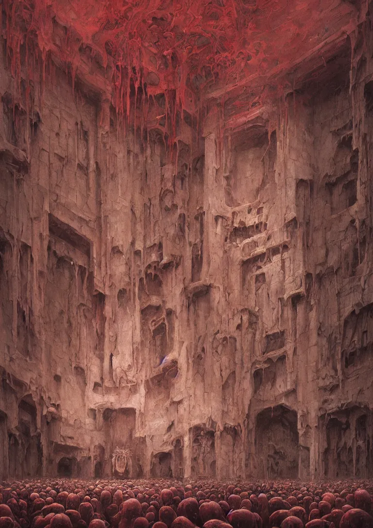 Prompt: painting of a disgusting expansive throne room with a gigantic empty throne made of flesh and walls pulsing with entrails, red tones, trending on artstation, award winning painting, classic, masterpiece, highly detailed, sharp focus, cohesive, art by zdzisław beksinski and bayard wu and wayne barlowe