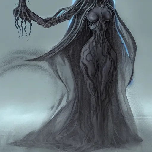 Image similar to concept designs for an ethereal ghostly wraith like figure with a squid like parasite latched onto its head and long tentacle arms that flow lazily but gracefully at its sides like a cloak while it floats around a frozen rocky tundra in the snow searching for lost souls and that hides amongst the shadows in the trees, this character has hydrokinesis and electrokinesis for the resident evil village video game franchise with inspiration from the franchise Bloodborne as a muppet from sesame street, photo realistic, photography, sesame street, bloodborne, resident evil