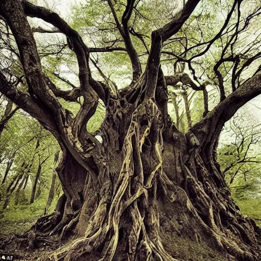 Prompt: a old gnarled tree, bark covered in the suggestion of faces, a group of misfits climb the tree, edge of a eerie forest, cursed grounds, something feels off