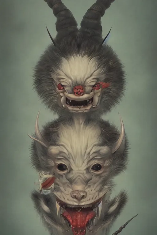 Prompt: a portrait of a drunk japanese devil animal illustrated by miyazaki by karol bak, james jean, tom bagshaw, rococo, sharp focus, trending on artstation, cinematic lighting, hyper realism, octane render, 8 k, hyper detailed, vivid, ultra detailed, highly detailed