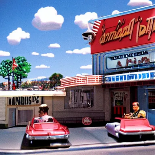 Prompt: diorama of arnold's diner from happy days with fonzie sitting on his motorcycle out the front, tilt shift