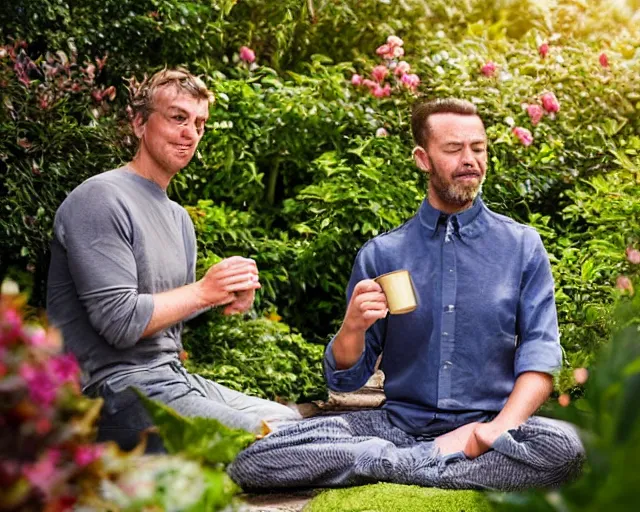 Image similar to mr robert is drinking fresh tea, smoke pot and meditate in a garden from spiral mug, detailed smiled face, muscular hands, golden hour closeup photo, red elegant shirt, eyes wide open, ymmm and that smell