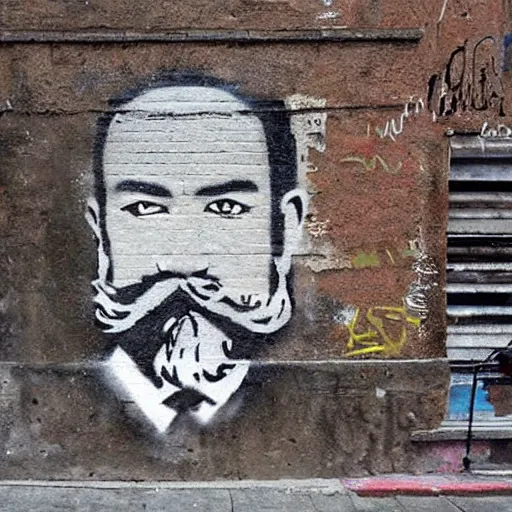 Image similar to banksy, georgian bearded king graffiti, real life, sharp focus