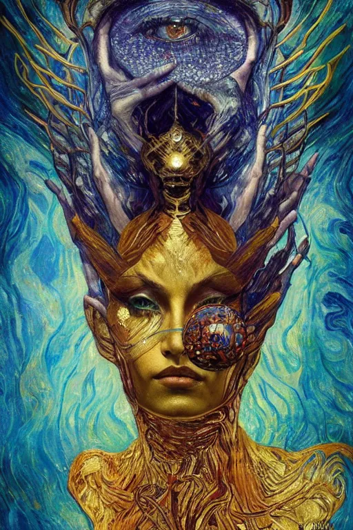 Image similar to Intermittent Chance of Chaos Muse by Karol Bak, Jean Deville, Gustav Klimt, and Vincent Van Gogh, beautiful inspiring portrait, enigma, Loki's Pet Project, destiny, Poe's Angel, fate, Surreality, inspiration, muse, otherworldly, fractal structures, arcane, ornate gilded medieval icon, third eye, spirals