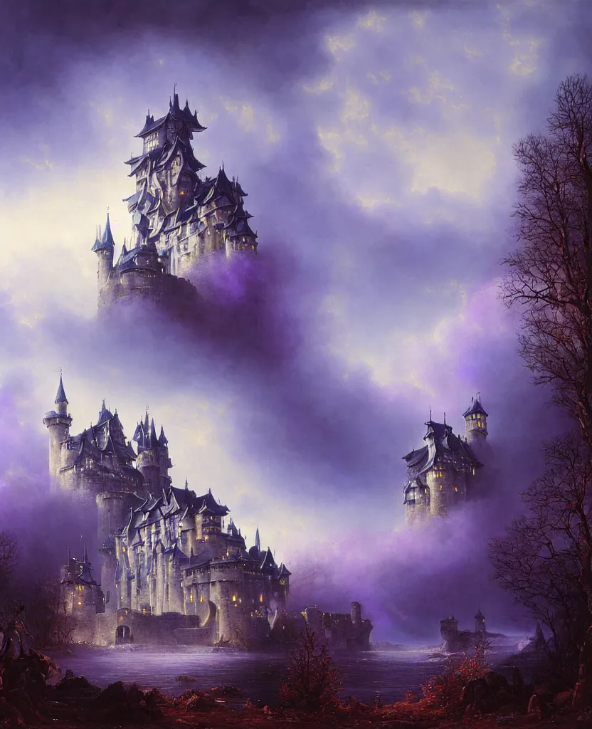 Prompt: beautiful matte airbrush painting of a european medieval castle made of light, ispired b yoshitaka amano and gilbert williams, clear painting and good lighting, dark blue and intense purple color palette, mystical fog, art by gilbert williams, andreas achenbach, clement ascher, tom bagshaw and sabbas apterus, high quality