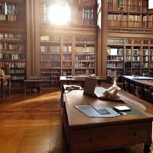 Prompt: Working desk in the middle of a Victorian library, morning sun coming through the windows, top post on CozyPlaces subreddit