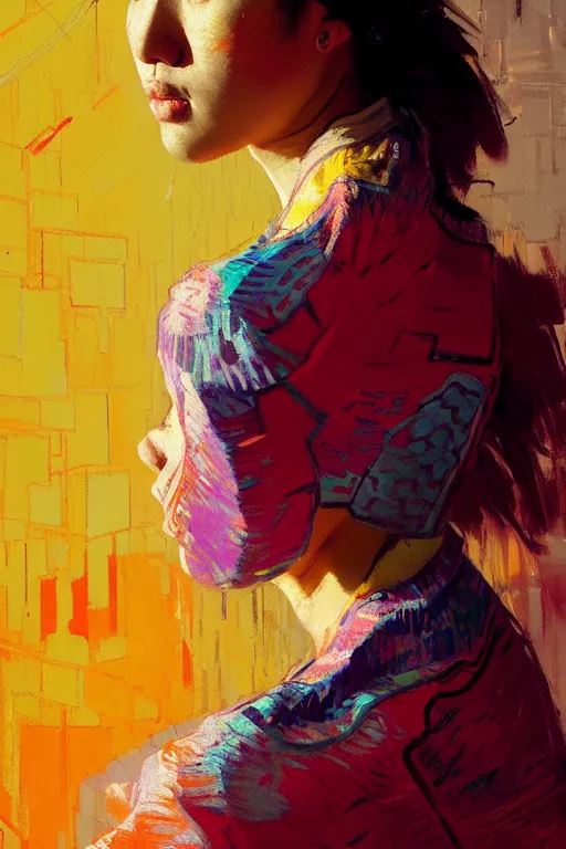 Image similar to portrait of a beautiful asian female, complementary colors, beautiful face, rule of thirds, intricate outfit, spotlight, by greg rutkowski, by jeremy mann, by francoise nielly, by van gogh, digital painting