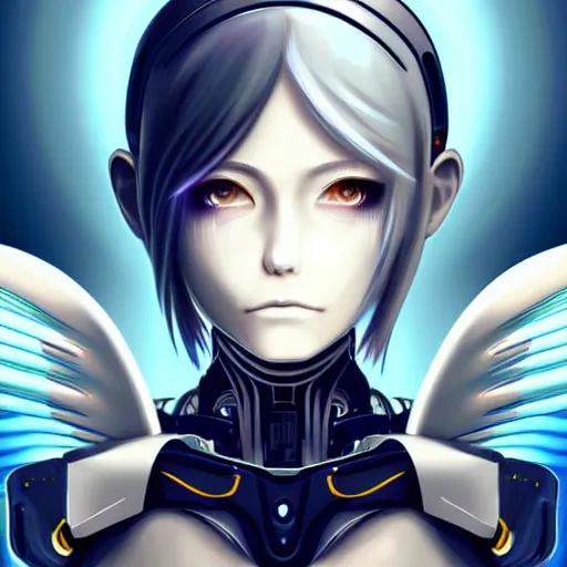 Prompt: gorgeous small female android cyborg - angel large angelic wings, left eye gold and right eye silver, cyberpunk - anime character - concept art