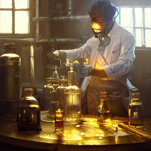 Image similar to fantasy alchemist working in laboratory, oil painting, by Greg Rutkowski