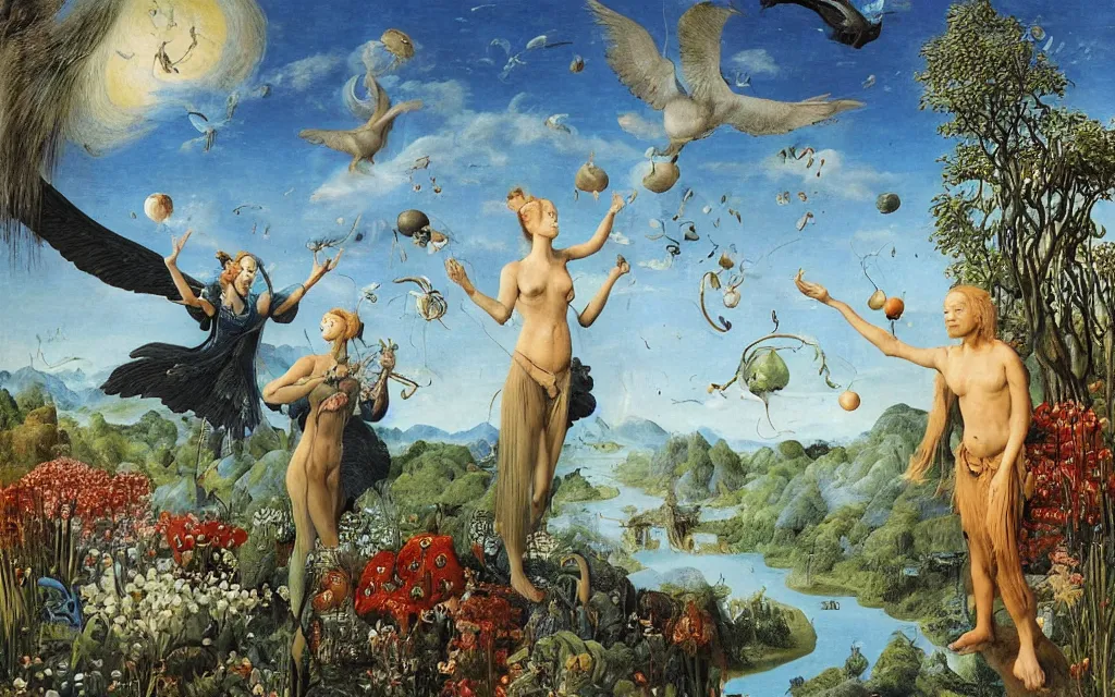 Prompt: a portrait photograph of a meditating harpy and a centaur king hunting tropical animals at a wide river delta. surrounded by bulbous flowers, animals, trees and mushrooms. mountain range under a vast blue sky of burning stars. painted by jan van eyck, max ernst, ernst haeckel and artgerm, cgsociety, artstation, fashion editorial