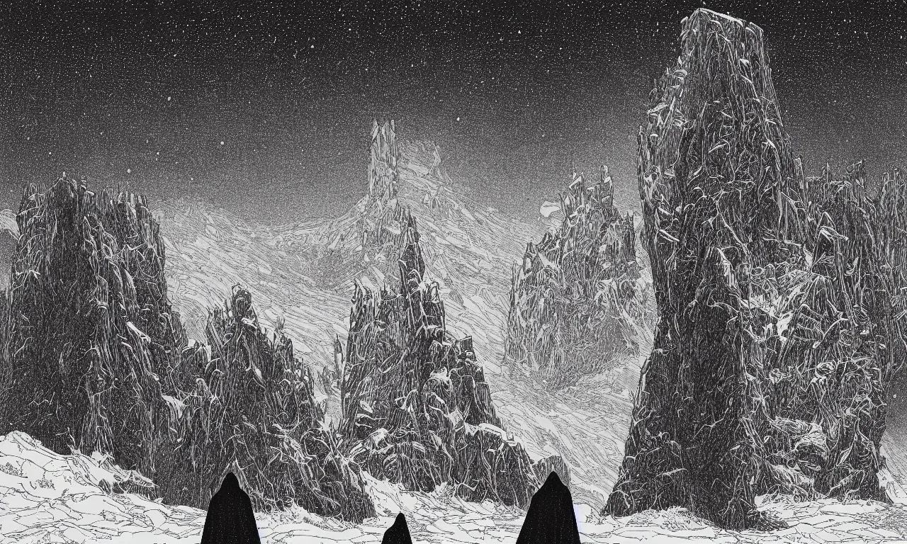 Prompt: a vibrant ultraclear sideview of man wearing black cape hoodie in front of utah monolith sculpture in winter taiga landscape by laurie greasley and rene magritte, ( ( etching by gustave dore ) ), colorful flat surreal, ethereal, intricate, sharp focus, illustration, highly detailed, digital painting, concept art, masterpiece
