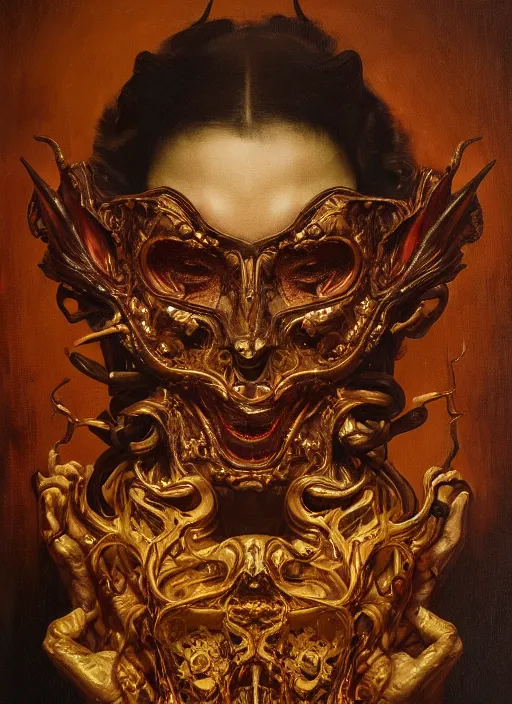 Image similar to highly detailed oil painting | very intricate | cinematic lighting | award - winning | the devils mask by alexander mcqueen | by roberto ferri, by leng jun, by j. c. leyendecker and klimt, american romanticism, by austin osman spare, artstation, cgsociety, official art, octane