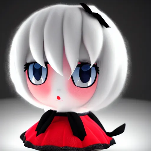 Image similar to cute fumo plush of a girl who is extremely round, black and white, red lens flare, vray