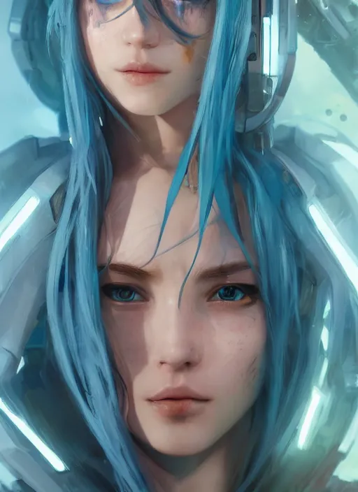 Image similar to beautiful young cyberpunk girl with blue hair, blue eyes, au naturel, hyper detailed, digital art, trending in artstation, cinematic lighting, studio quality, smooth render, fluorescent skin, unreal engine 5 rendered, octane rendered, art style by klimt and nixeu and ian sprigger and wlop and krenz cushart