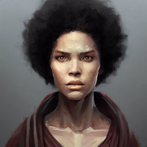 Image similar to portrait of a woman by greg rutkowski, young jedi knight, black, afro hair, prettt, star wars expanded universe, she is about 2 0 years old, wearing jedi robes, highly detailed portrait, digital painting, artstation, concept art, smooth, sharp foccus ilustration, artstation hq