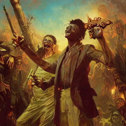 Image similar to 2 1 savage as zombies in heaven by gaston bussiere, craig mullins, j. c. leyendecker