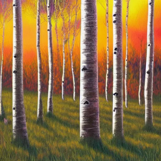 Prompt: beautiful painting of an Aspen forest at sunset, digital art, award winning illustration, golden hour, trending on artstation