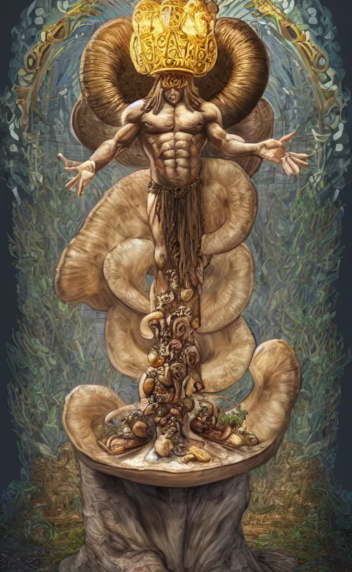 Prompt: a masterpiece hyperdetailed dnd tarot card, magnificent shrigma the mushroom deity as depicted in a colossal greek marble statue ( with godlike bodybuilder physique ), hd tarot card depicting monumental statue of a mushroom god with cute large mushroom hat, hdr, 8 k, artstationhq, digital art