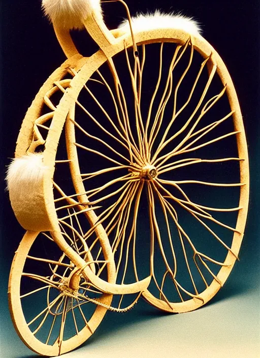 Prompt: realistic photo of a a medieval ritual astronomy appliance bicycle, made of wood white clay and fur with black wires 1 9 9 0, life magazine reportage photo, natural colors, metropolitan museum collection