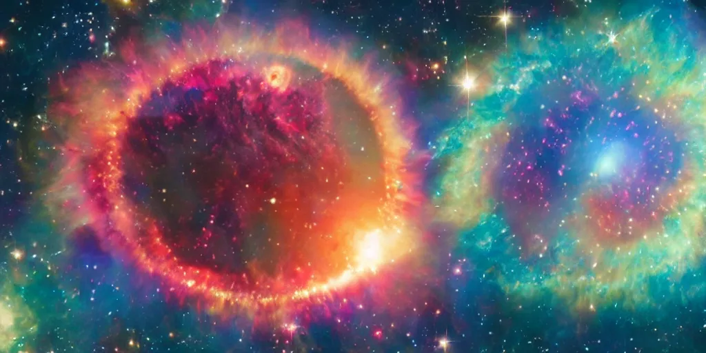 Prompt: The Helix nebula throwing a cosmic tantrum meets the colorful bubble Little Gem nebula. Cosmic, galactic, hyper realistic, unreal engine, hyper quality, cinematic view.