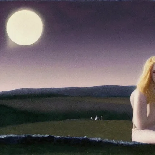 Prompt: Painting of Elle Fanning in the ringed city during the eclipse, long blonde hair, delicate, pale milky white porcelain skin, by Edward Hopper. 8K. Extremely detailed.