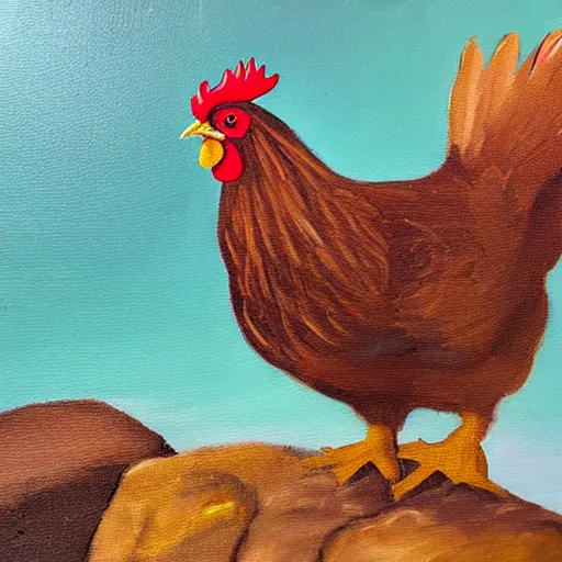 Image similar to oil painting of a chicken on the edge of a cliff