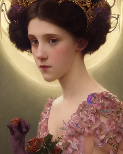 Prompt: a beautiful portrait painting of a shy, blushing princess in a tiara and an iridescent art nouveau gown resembling millie bobby brown watching the lantern festival, intricate, elegant, highly detailed, digital painting, artstation, concept art, by krenz cushart and artem demura and william adolph bouguereau and alphonse mucha