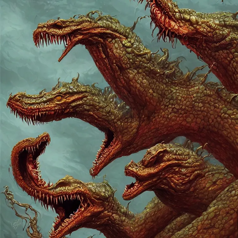 Image similar to two - headed hydra of lerna, jim carey as lloyd christmas and jeff daniels as harry dunne ( from dumb and dumber ), serpentine water monster, aquatic, d & d, fantasy, portrait, highly detailed, digital painting, trending on artstation, concept art, sharp focus, illustration, art by artgerm and greg rutkowski and magali villeneuve