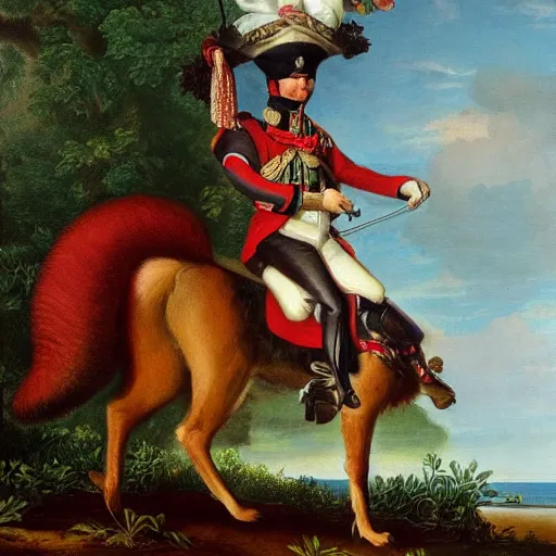 Image similar to a giant squirrel carrying napoleon bonaparte on its back, beach scene with flowers and foliage, detailed oil painting