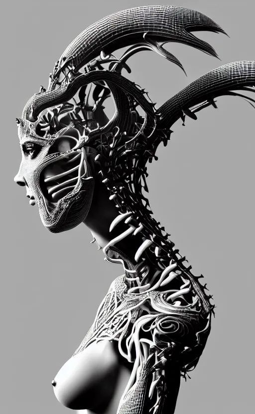 Image similar to a black and white 3D render of a beautiful profile face portrait of a female dragon-orchid-cyborg, 150 mm, flowers, Mandelbrot fractal, anatomical, flesh, facial muscles, wires, microchip, veins, arteries, full frame, microscopic, elegant, highly detailed, flesh ornate, elegant, high fashion, rim light, octane render in the style of H.R. Giger and Man Ray