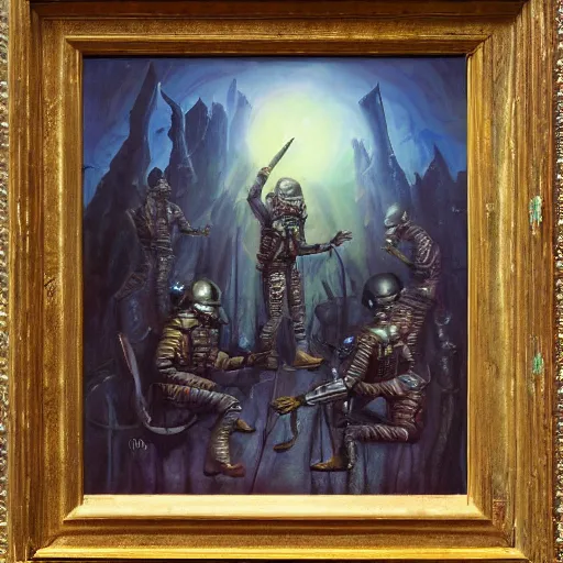 Prompt: the dirdir by jack vance, mike mignogna, highly detailed, vintage dark sci fi, oil painting