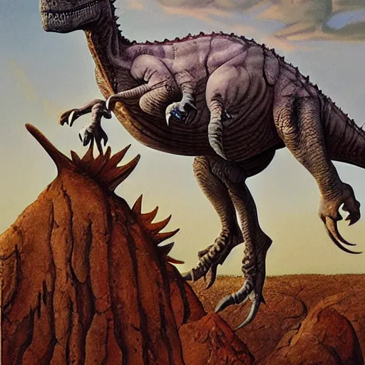 Image similar to dinosaur as a cowboy, artwork by Daniel Merriam,