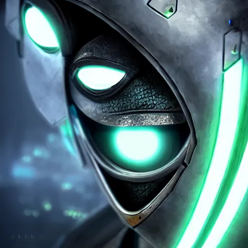 Image similar to futuristic robot with neon eyes, hyperrealistic, cinematic, sleek, epic fantasy background